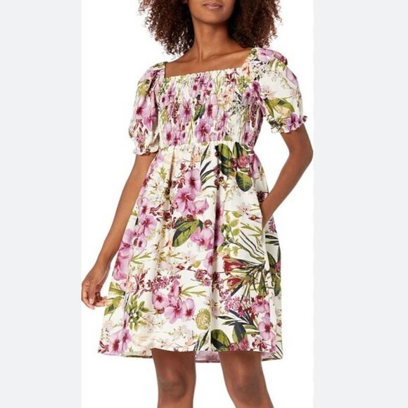 Brand New Gabby Skye Smocked Floral Cotton Poplin Dress Ivory Purple Size 16 - Picture 1 of 15